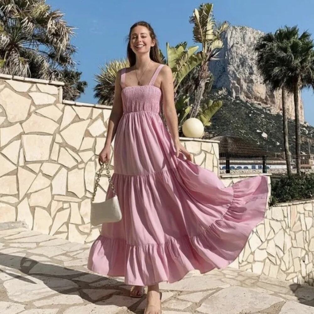 Zara Woman’s Strappy Poplin Midi Dress Ruffled Hem Pink Women’s Size Small